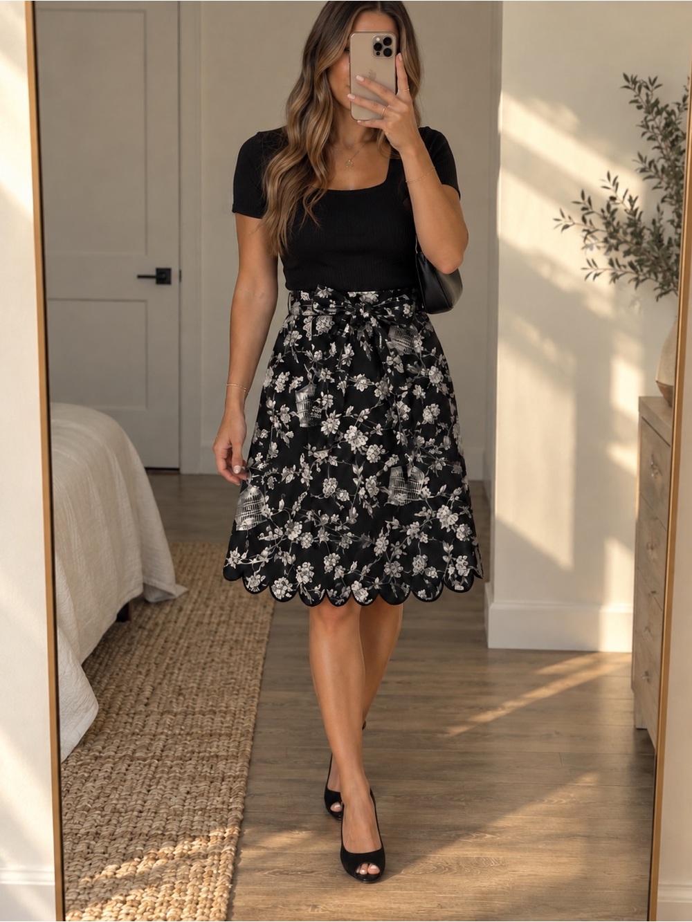 Black Modest Midi Skirt Toile White Birdcage Print Scalloped A-Line Artsy Size 2